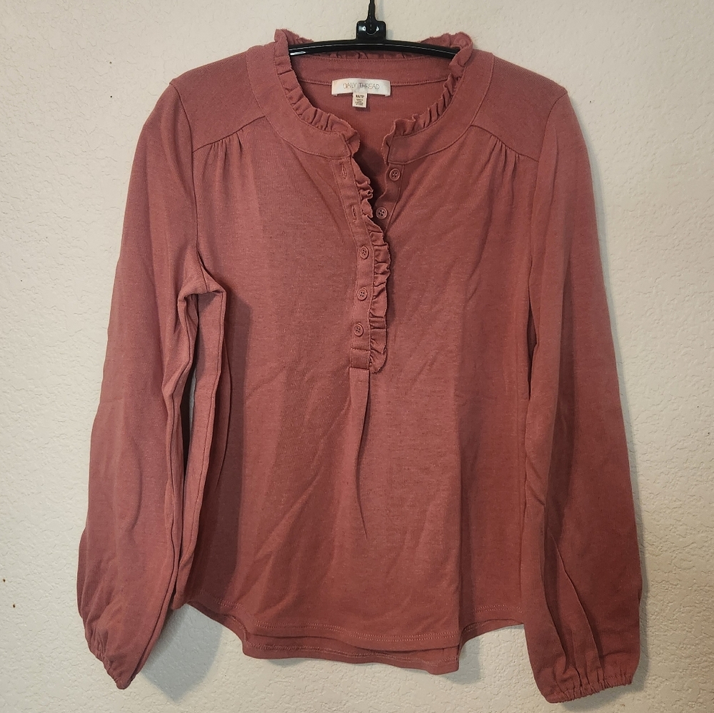 Daily Thread Women's Ruffled Long Sleeve Popover Dusty Rose/Pink Top, Size XS